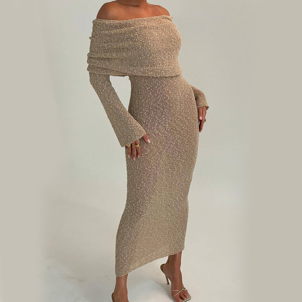 New One-shoulder Knitted Long-sleeved Dress 