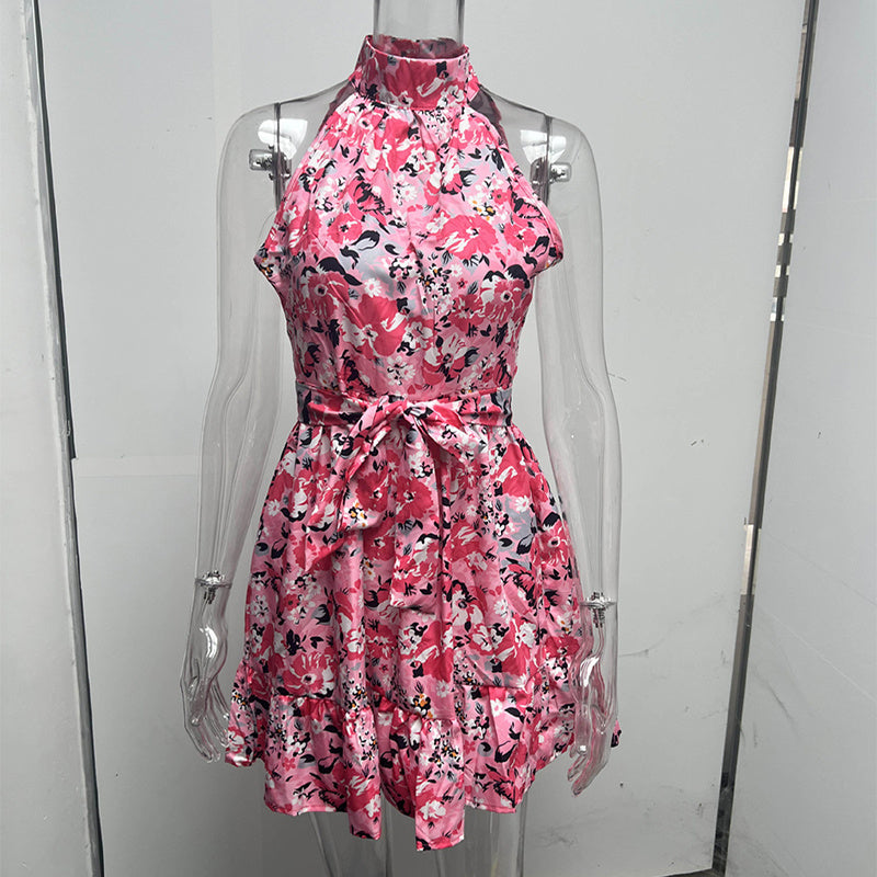 New Flowers Print Halterneck Dress Summer Fashion 