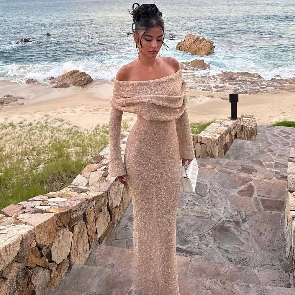 New One-shoulder Knitted Long-sleeved Dress 