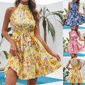 New Flowers Print Halterneck Dress Summer Fashion 