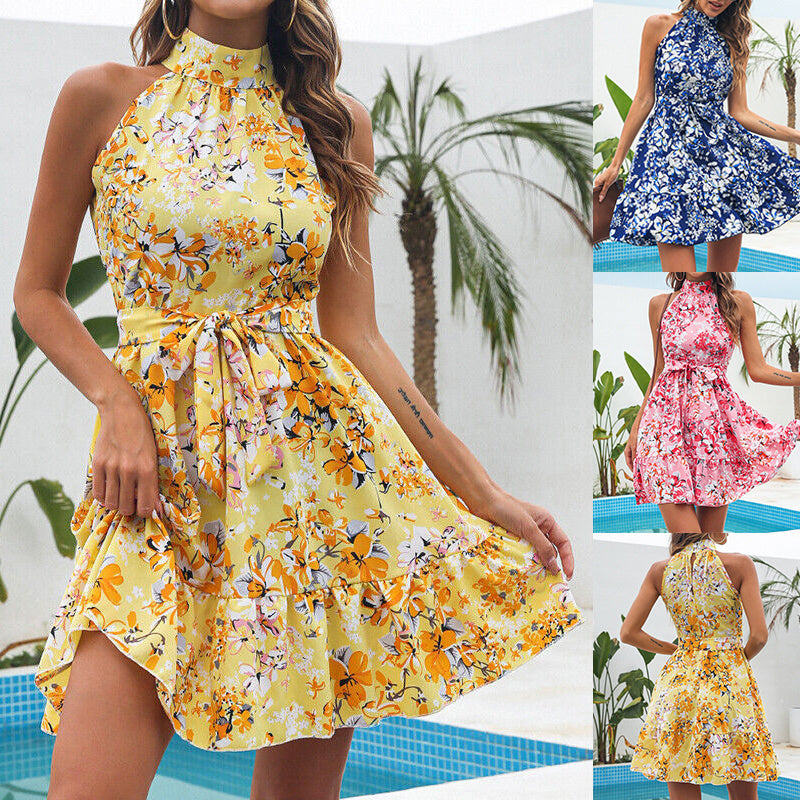 New Flowers Print Halterneck Dress Summer Fashion 